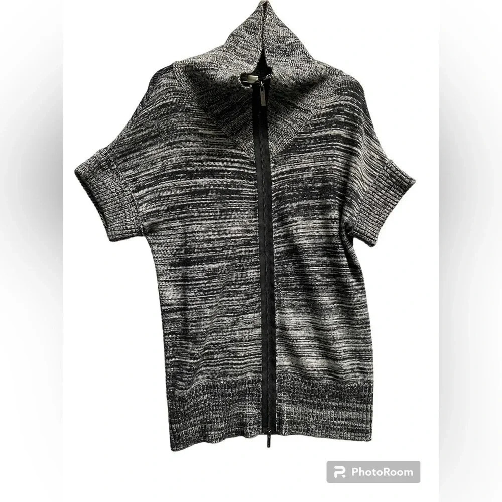 Kenneth Cole Black White Short Sleeve Cotton Knit Zipper Cardigan Sz S
